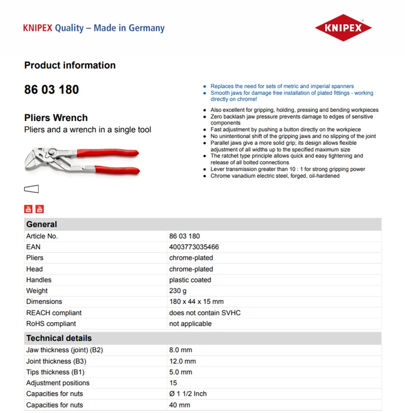 Knipex Pinza Idraulica Regolabile Cromata Multifunzione Isolata Per Lavori Tecnici