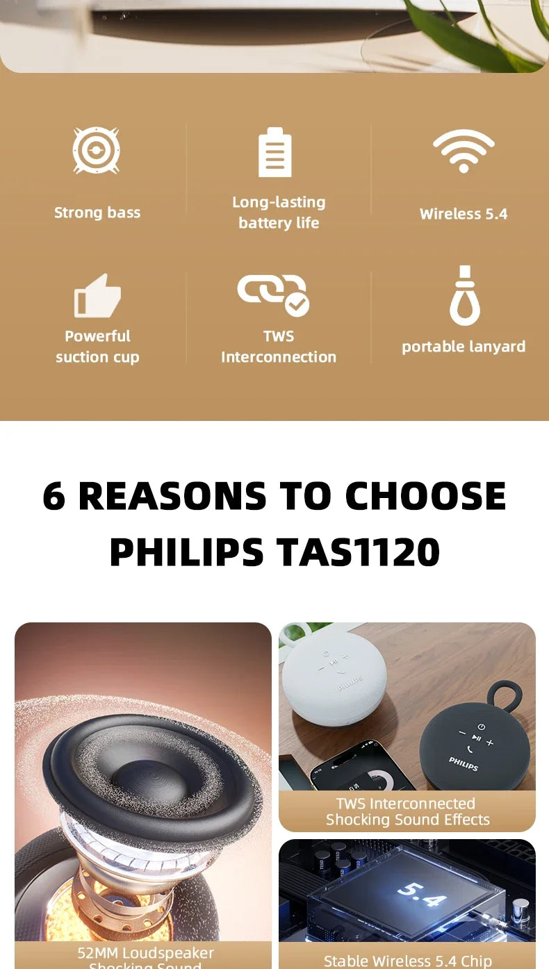 Philips TAS1120 Altoparlante Bluetooth da 800 mAh, cassa audio impermeabile per interni ed esterni con ventosa e cordino, altoparlante portatile per esterni