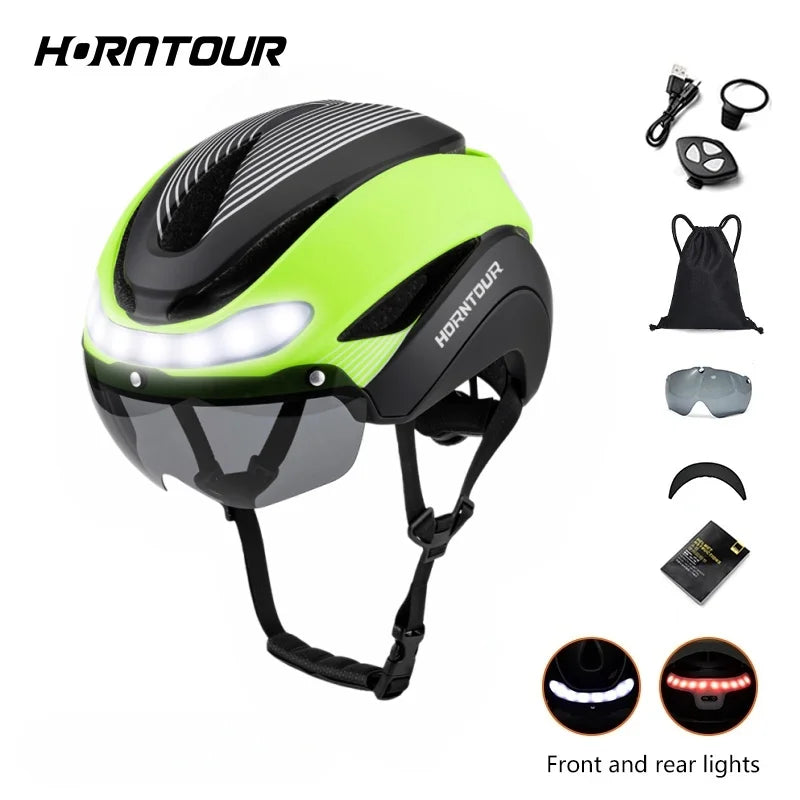 Casco Da Bicicletta Horntour HT-16 Con Luci Led Frontali e Posteriori Segnali Leggero Certificato CE