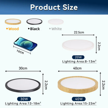 Plafoniera LED Ultra Sottile 2,2 Cm Impermeabile Con Venature Del Legno, 3 Colori Dimmerabili