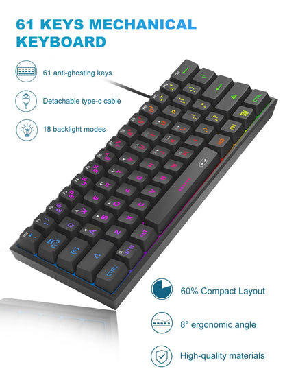 Tastiera Da Gioco MageGee Mini 60 Per Cento Con 61 Tasti Retroilluminata Rgb Ergonomica Impermeabile TS91