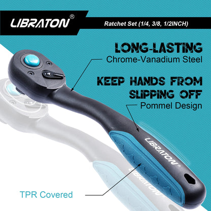 LIBRATON Chiave a cricchetto da 72 denti Maniglia a cricchetto a sgancio rapido reversibile 1/4 '' 3/8 '' 1/2 '' Drive Strumento di riparazione automatica Strumenti fai da te per la casa