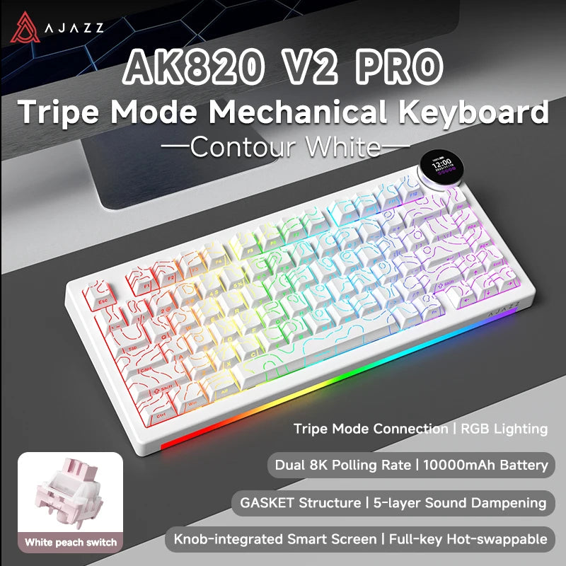 Ajazz AK820V2 Pro Tastiera Da Gaming Wireless Tre Modalità Cablata Bluetooth 2.4G Batteria 10000mAh
