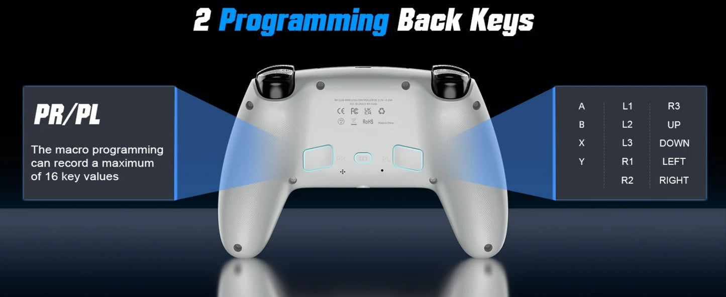 Controller per PS5 Pro/Slim/PC con RGB, Joystick Wireless per Giochi con Funzioni Marco/Turbo, Senza Drift, Effetto Hall, Tasti Posteriori Programmabili