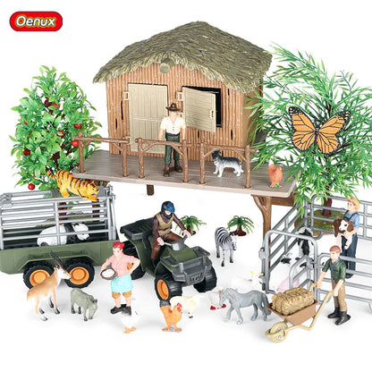 Oenux Farm House Modello Action Figures Agricoltore Moto Mucca Gallina Maiale Animali Set Figurine in miniatura PVC Simpatico giocattolo educativo per bambini