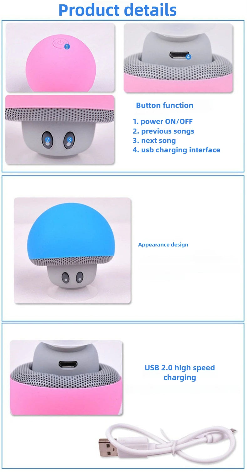 Mini Altoparlante Bluetooth Rosa Portatile Con Design Funghetto E Supporto Ventosa Per Telefono E PC