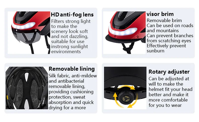 Casco Da Bicicletta Horntour HT-16 Con Luci Led Frontali e Posteriori Segnali Leggero Certificato CE