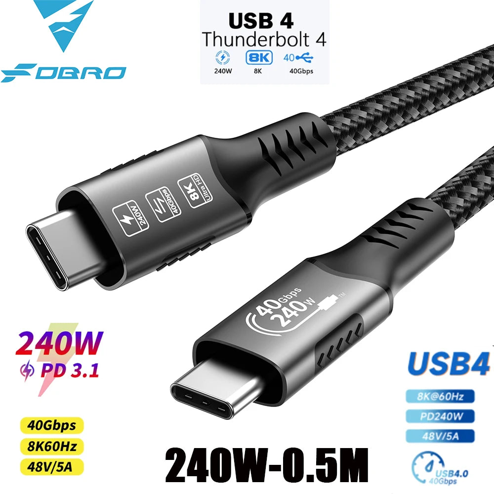 Cavo USB4 Thunderbolt 4 da USB-C a USB-C 40Gbps 240W Ricarica Rapida e Trasferimento Dati per Laptop