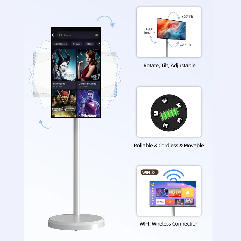 TV LED Smart Android 13 da 21,5 Pollici, 4+64GB, Bianca, Portatile con Ruote, Batteria Ricaricabile, Wi-Fi Interattivo per Palestra Professionale