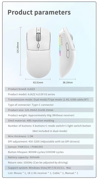Mouse da gioco wireless Tri-mode AJ139-V2-MC cablato/2,4 GHz/BT con base di ricarica magnetica Chipset da gioco PAW3311 12000 DPI max
