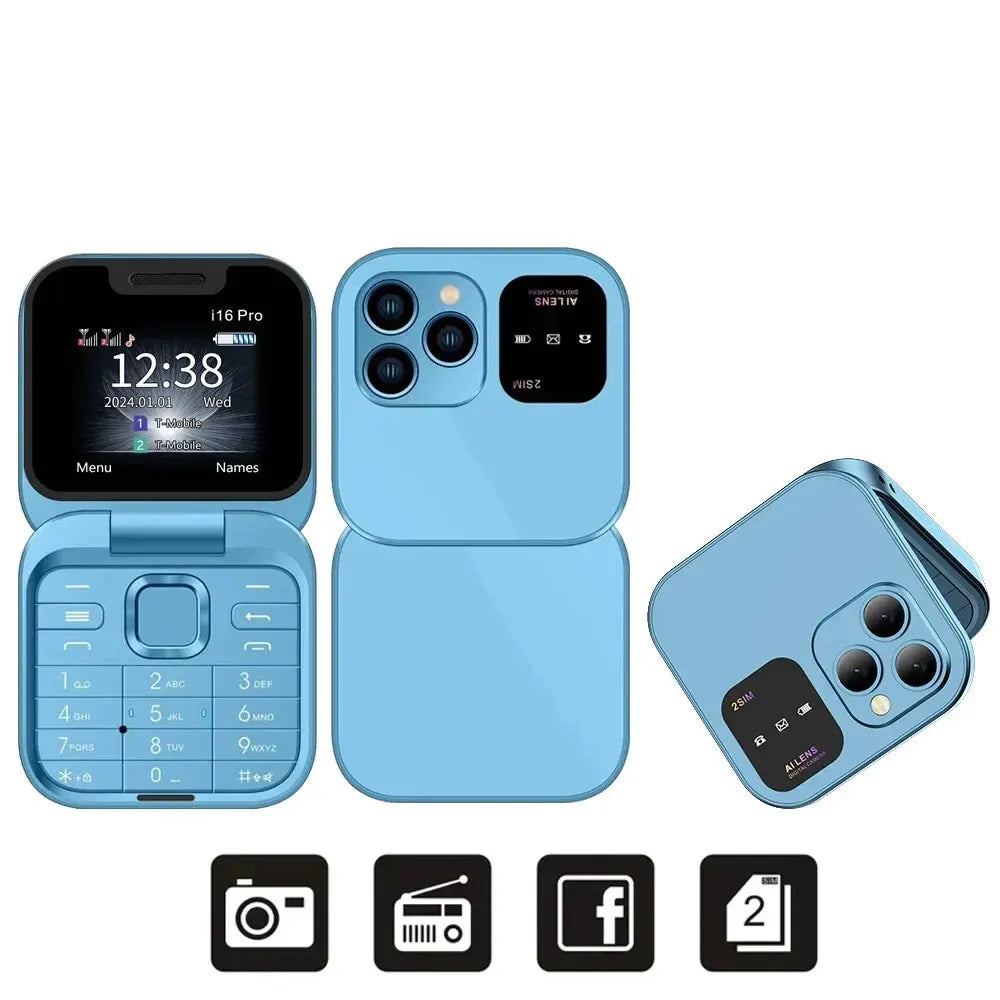 Telefono Cellulare Flip 2G Doppia SIM 1,77 Pollici Batteria 1000 mAh Lettore Video FM Jack Da 3,5 Mm