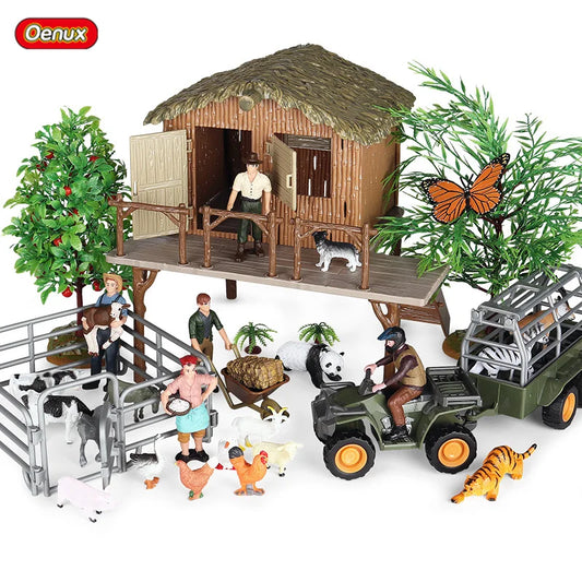 Oenux Farm House Modello Action Figures Agricoltore Moto Mucca Gallina Maiale Animali Set Figurine in miniatura PVC Simpatico giocattolo educativo per bambini