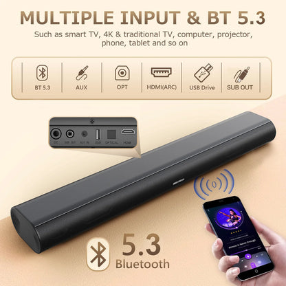 Sistema Soundbar Potente da 60W con Audio Stereo 3D, Modalità di Ingresso BT AUX OPT HDMI USB per TV, PC, Proiettore, Smartphone, Tablet