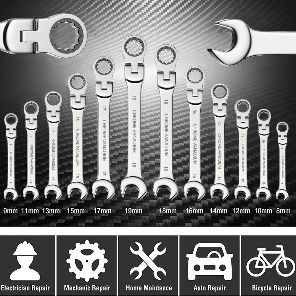 WOZOBUY Set di chiavi a cricchetto con testa flessibile - Chiavi combinate a cricchetto metriche Set di chiavi per ingranaggi CrV Set di strumenti di riparazione per chiavi per auto