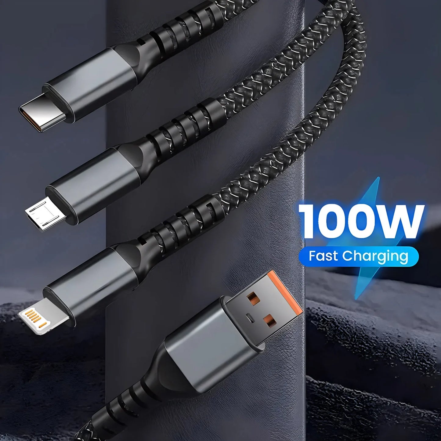 Cavo Di Ricarica 3 In 1 100W Veloce Nylon Treccia Universale USB C Micro Per Smartphone E Tablet