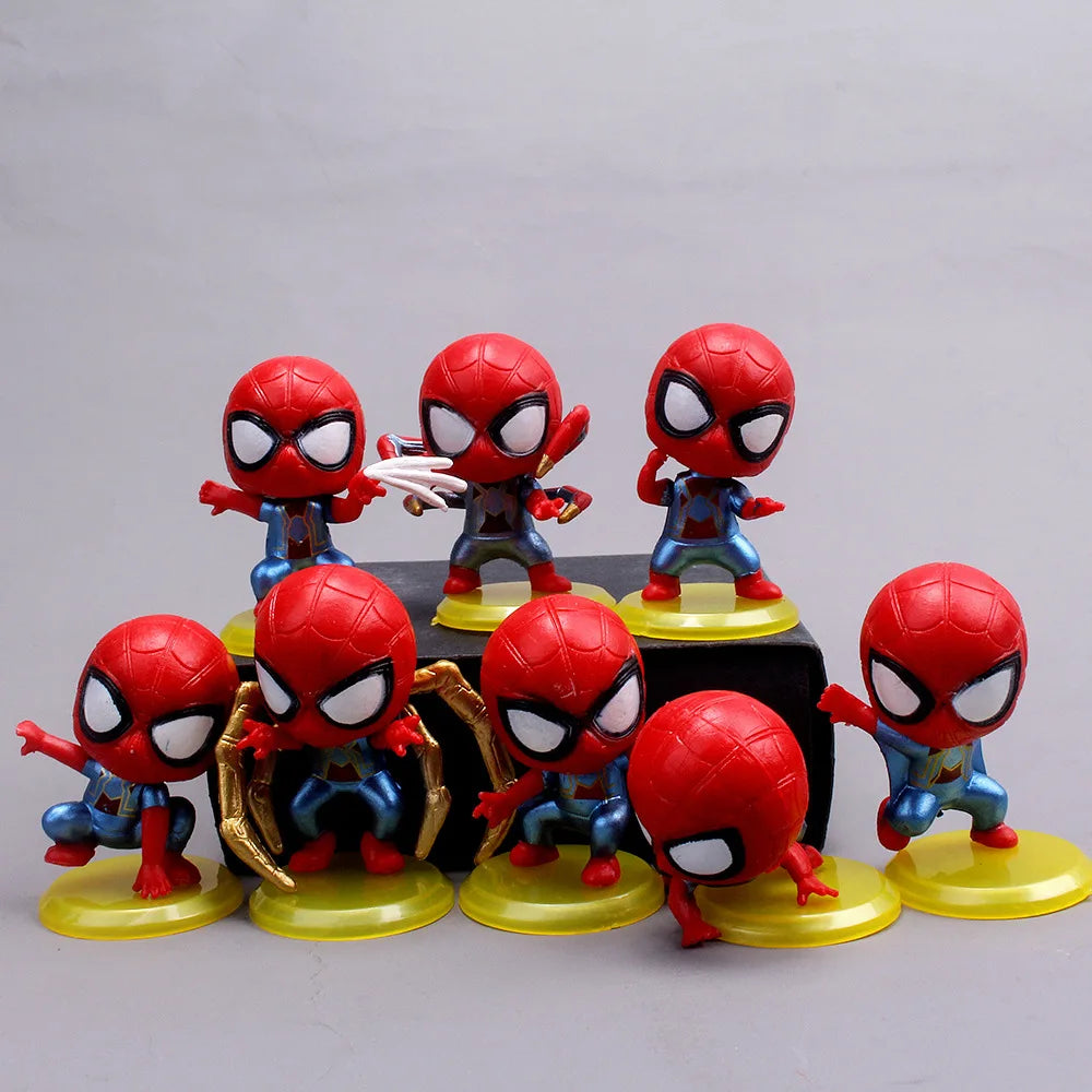 8 pezzi Marvel Cute Spider Man Q Edition PVC Base gialla Modello di cartone animato per bambini Hobby Toy Doll Ornament Decorazione torta di compleanno