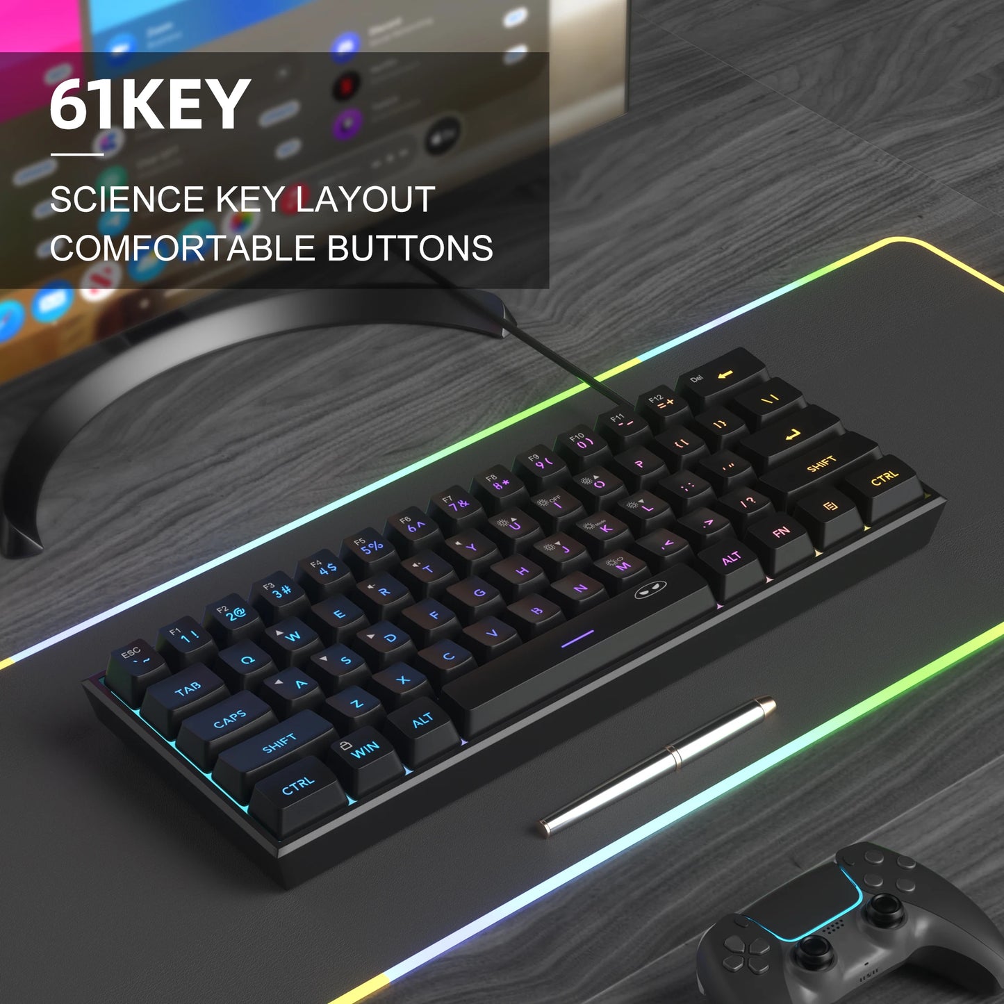 Tastiera Da Gioco MageGee Mini 60 Per Cento Con 61 Tasti Retroilluminata Rgb Ergonomica Impermeabile TS91