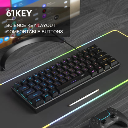 Tastiera Da Gioco MageGee Mini 60 Per Cento Con 61 Tasti Retroilluminata Rgb Ergonomica Impermeabile TS91