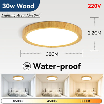 Plafoniera LED Ultra Sottile 2,2 Cm Impermeabile Con Venature Del Legno, 3 Colori Dimmerabili