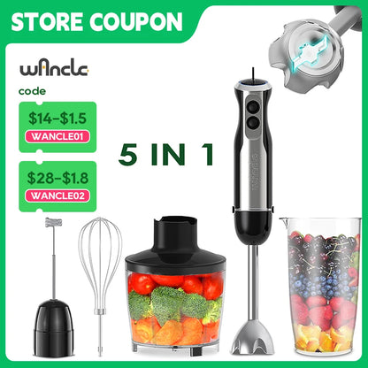 Frullatore Ad Immersione Potente 1000W 5 In 1 Con Frusta, Tritatutto, Ghiaccio E Tazza Per Smoothie