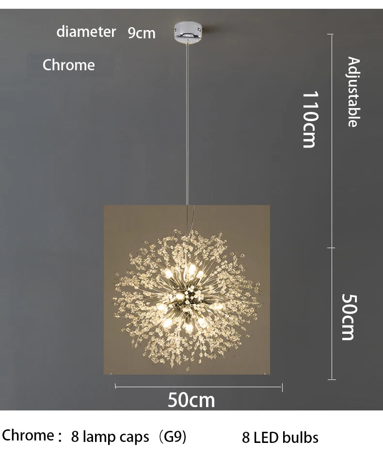 Ciondolo Led In Cristallo Dente Di Leone Illuminazione Moderna Per Soggiorno E Bar Finitura Cromata Lucida