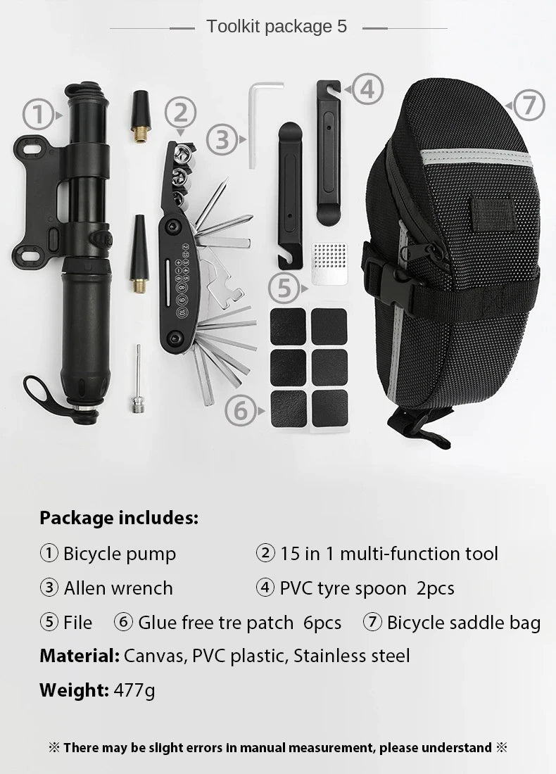 Kit di strumenti di riparazione bici portatile Kit di strumenti di riparazione biciclette Borsa da sella Pompa Patch per pneumatici Set di strumenti chiave multifunzionale Accessori