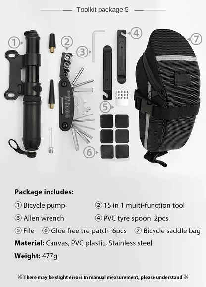 Kit di strumenti di riparazione bici portatile Kit di strumenti di riparazione biciclette Borsa da sella Pompa Patch per pneumatici Set di strumenti chiave multifunzionale Accessori