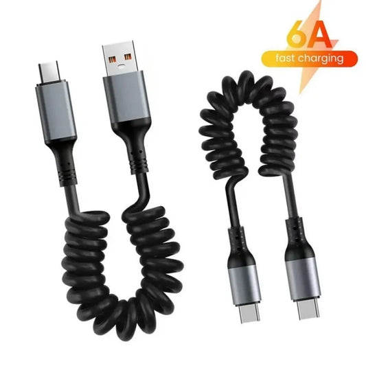Cavo USB C a USB C 6A Retrattile a Molla per Ricarica Rapida da 25cm a 1M, Cavo Dati per Auto Compatibile con iPhone 16, Samsung, Xiaomi, Huawei
