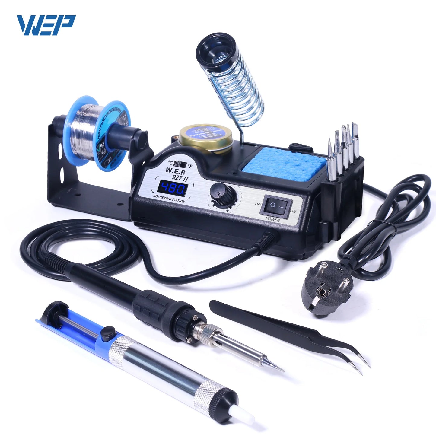Stazione di saldatura elettrica WEP 927-II 2 Helping Hands con display digitale, kit saldatore da 60W con regolazione della temperatura.
