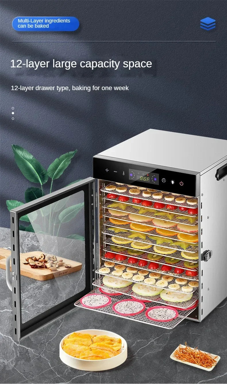 Essiccatore Alimentare a Strati con Pannello Touch Controllo Temperatura e 6/8/12/18 Ripiani in Acciaio Inossidabile