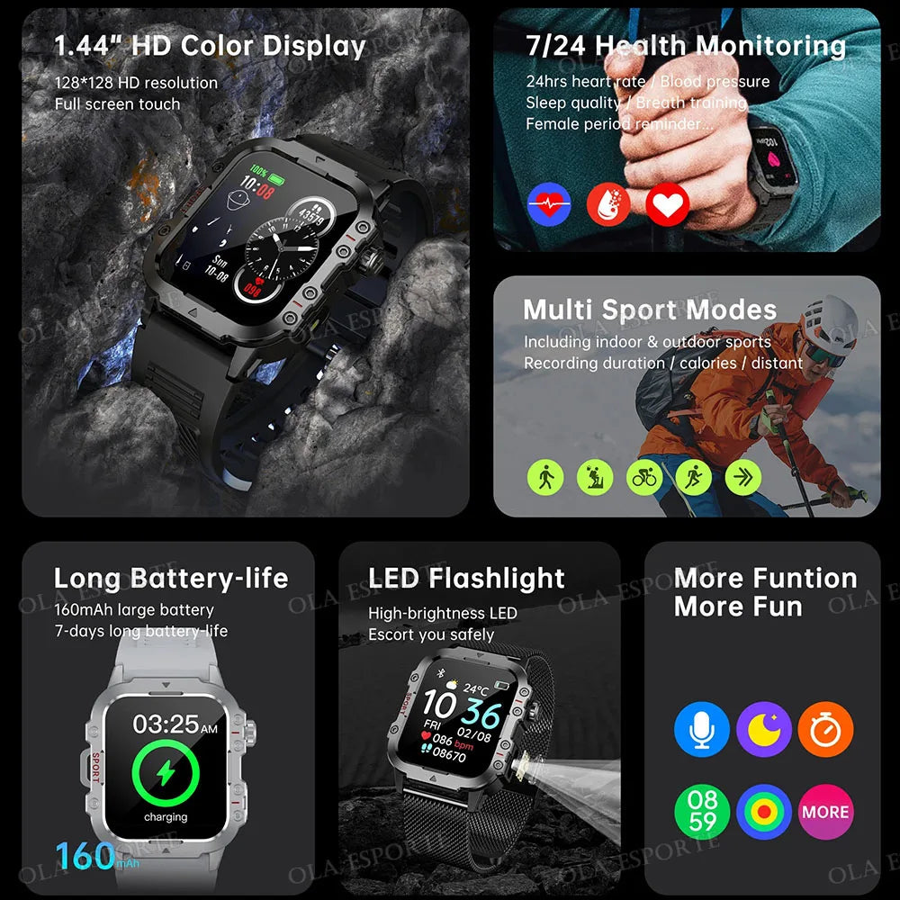 2025 Nuova Torcia Elettrica Militare Astuto Della Vigilanza Degli Uomini IP68 5ATM Sport All'aria Aperta Fitness Tracker Monitor di Salute 1.44 Pollici BT Chiamata Smartwatch