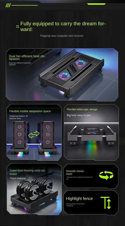 Supporto per torre per PC mobile Supporto per CPU per computer regolabile Supporto da tavolo telescopico Carrello per CPU con ventola di raffreddamento RGB Dissipazione del calore