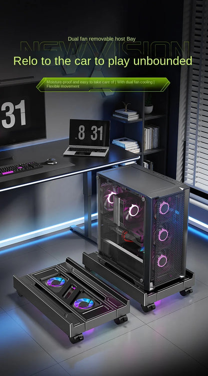 Supporto per torre per PC mobile Supporto per CPU per computer regolabile Supporto da tavolo telescopico Carrello per CPU con ventola di raffreddamento RGB Dissipazione del calore