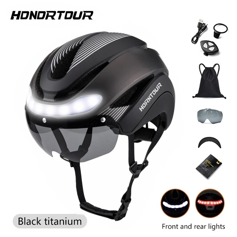 Casco Da Bicicletta Horntour HT-16 Con Luci Led Frontali e Posteriori Segnali Leggero Certificato CE
