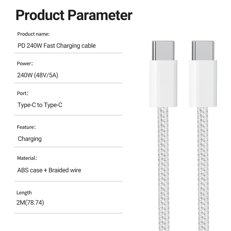 Cavo di ricarica USB-C a USB-C da 240W, Cavo PD intrecciato a ricarica rapida per iPhone 15 16 17E 17 Max, iPad Air, MacBook Pro, ASUS, DELL