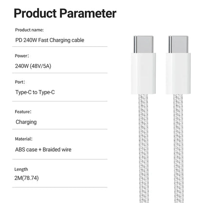 Cavo di ricarica USB-C a USB-C da 240W, Cavo PD intrecciato a ricarica rapida per iPhone 15 16 17E 17 Max, iPad Air, MacBook Pro, ASUS, DELL