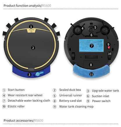 Aspirapolvere Robot Smart 2800 Pa Senza Fili Controllo Remoto Pulisce Pavimenti Asciutti e Bagnati