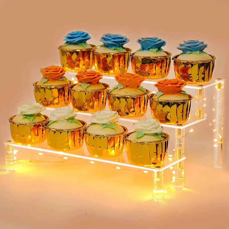 Supporto Torta Acrilico Trasparente Quadrato A Tre Livelli Con Luci a Led Per Feste e Matrimoni