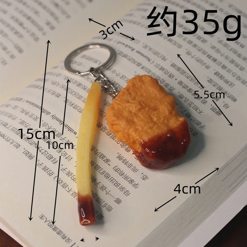 Portachiavi con patatine fritte di pollo fritto, pepite di pollo fritto, cibo simulato, modello giocattolo, portachiavi, borsa per telefono per auto, ciondolo, ornamento regalo