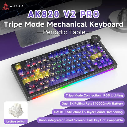 Ajazz AK820V2 Pro Tastiera Da Gaming Wireless Tre Modalità Cablata Bluetooth 2.4G Batteria 10000mAh