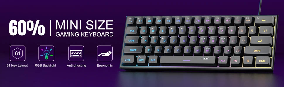 Tastiera Da Gioco MageGee Mini 60 Per Cento Con 61 Tasti Retroilluminata Rgb Ergonomica Impermeabile TS91