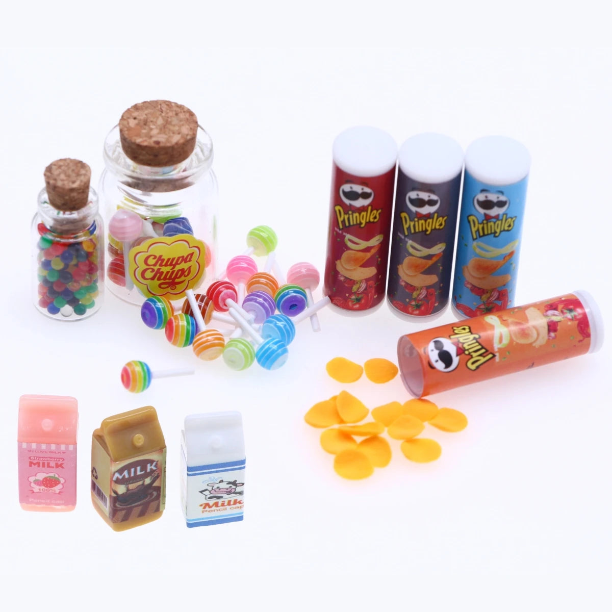 Set Accessori Cucina Miniatura Per Casa Delle Bambole Bevande Cibo Patatine Bottiglie Lecca Lecca Barattoli Decorativi