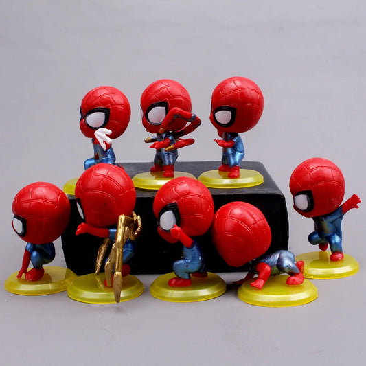 8 pezzi Marvel Cute Spider Man Q Edition PVC Base gialla Modello di cartone animato per bambini Hobby Toy Doll Ornament Decorazione torta di compleanno