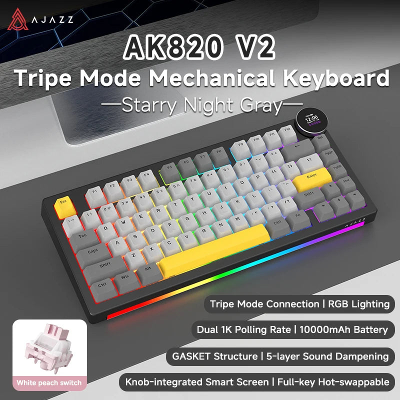 Ajazz AK820V2 Pro Tastiera Da Gaming Wireless Tre Modalità Cablata Bluetooth 2.4G Batteria 10000mAh
