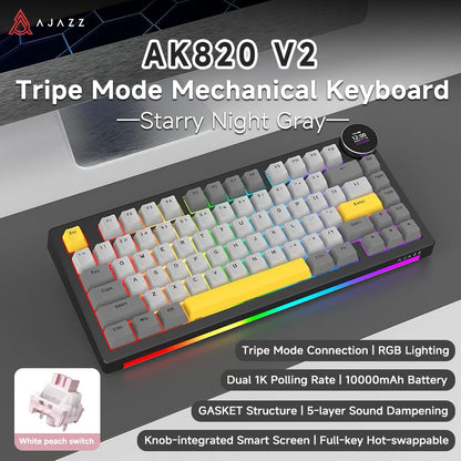 Ajazz AK820V2 Pro Tastiera Da Gaming Wireless Tre Modalità Cablata Bluetooth 2.4G Batteria 10000mAh