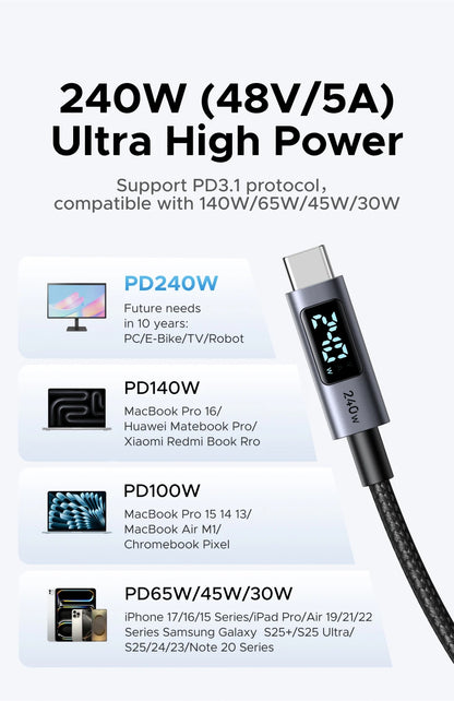 Cavo USB-C PD3.1 240W Ricarica Veloce e Trasferimento Dati, Corpo in Alluminio Nylon Intrecciato