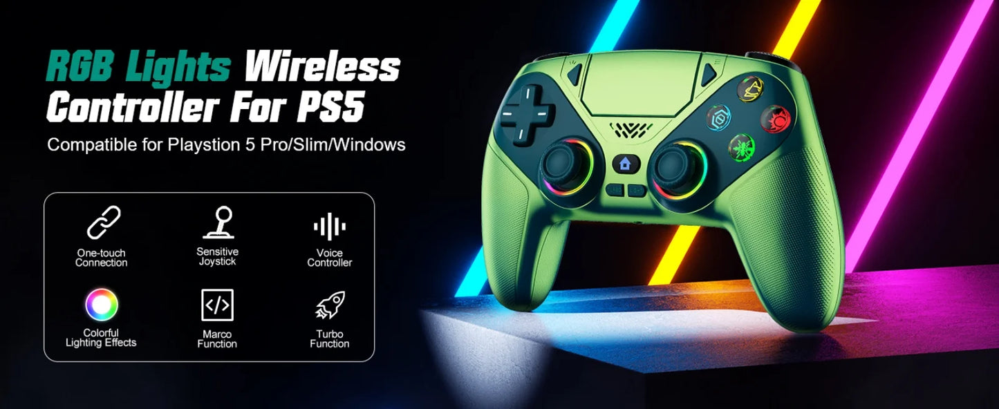 Controller per PS5 Pro/Slim/PC con RGB, Joystick Wireless per Giochi con Funzioni Marco/Turbo, Senza Drift, Effetto Hall, Tasti Posteriori Programmabili