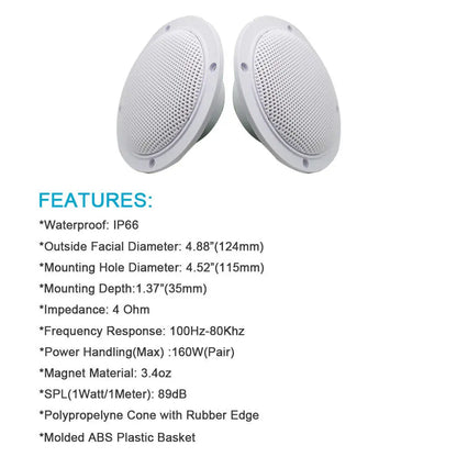 STUDIOFINIX 2PCS 4" Altoparlanti Bluetooth da soffitto impermeabili - Kit altoparlanti marini da 160 W per bagno cucina casa camper all'aperto