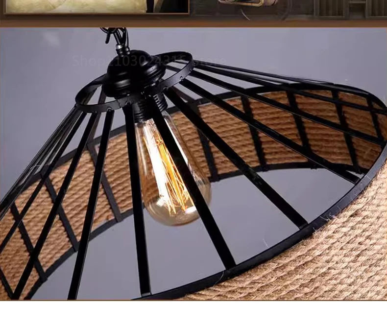 Lampada a Sospensione in Corda di Canapa, Ferro Industriale Retrò, Stile Classico per Sala da Pranzo