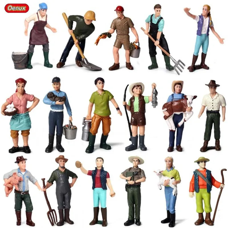 Oenux Farm House Modello Action Figures Agricoltore Moto Mucca Gallina Maiale Animali Set Figurine in miniatura PVC Simpatico giocattolo educativo per bambini